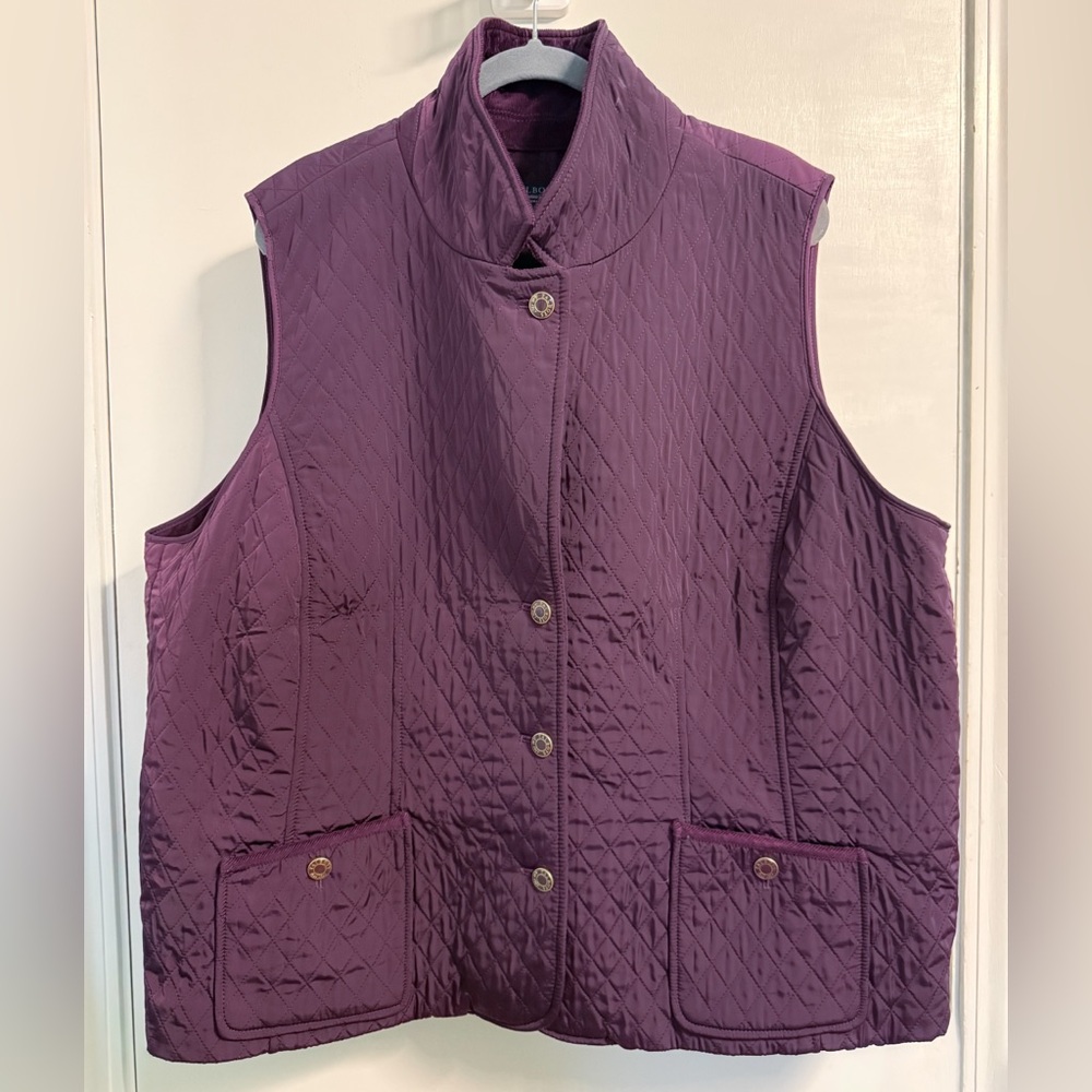 Talbots Woman 3X Plum Quilted Vest Plus Size with Corduroy Collar Snap Front